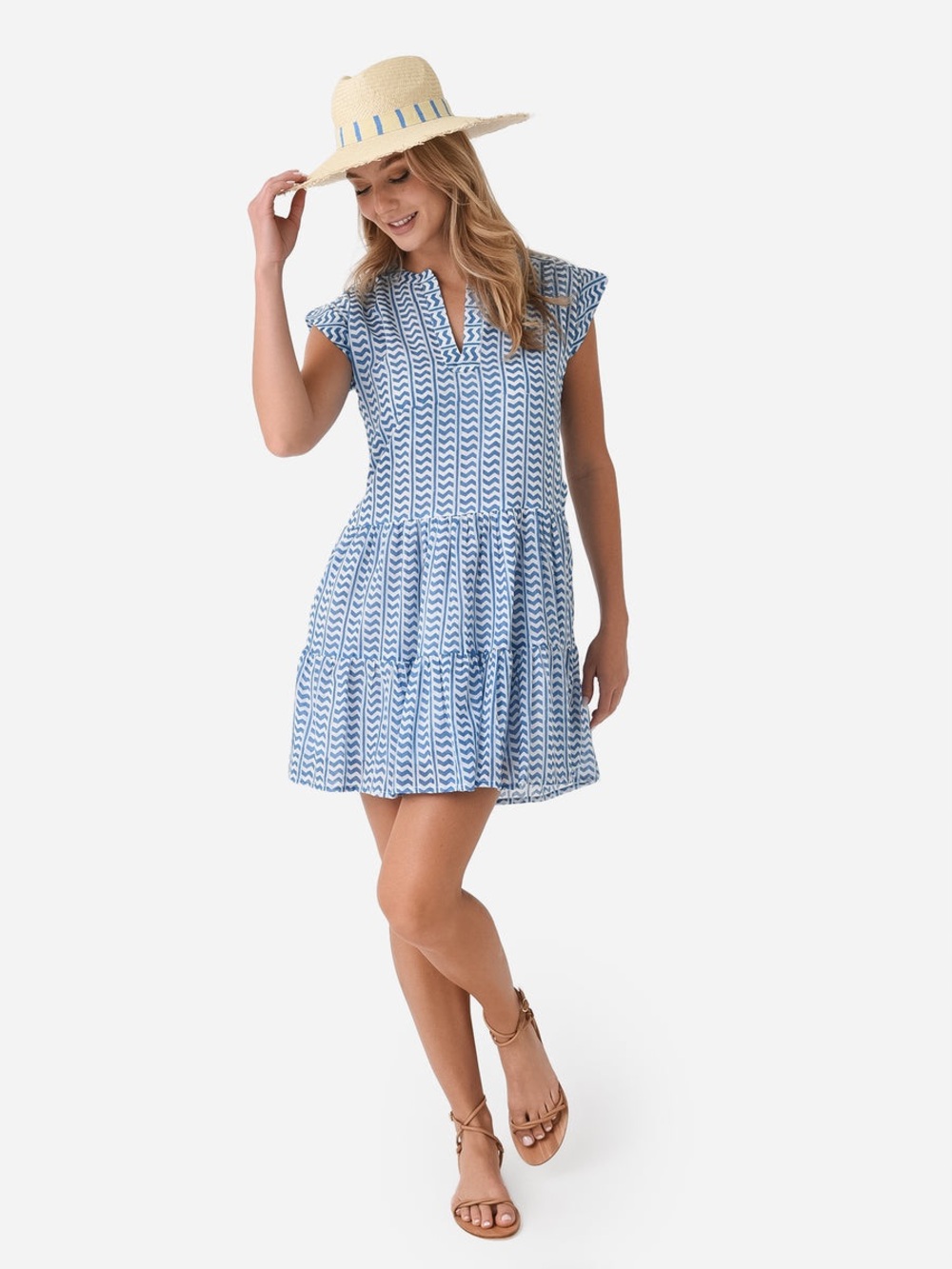 Oliphant Blue & White Notch-Neck Tiered Sundress - 100% Cotton - Picture 2 of 8